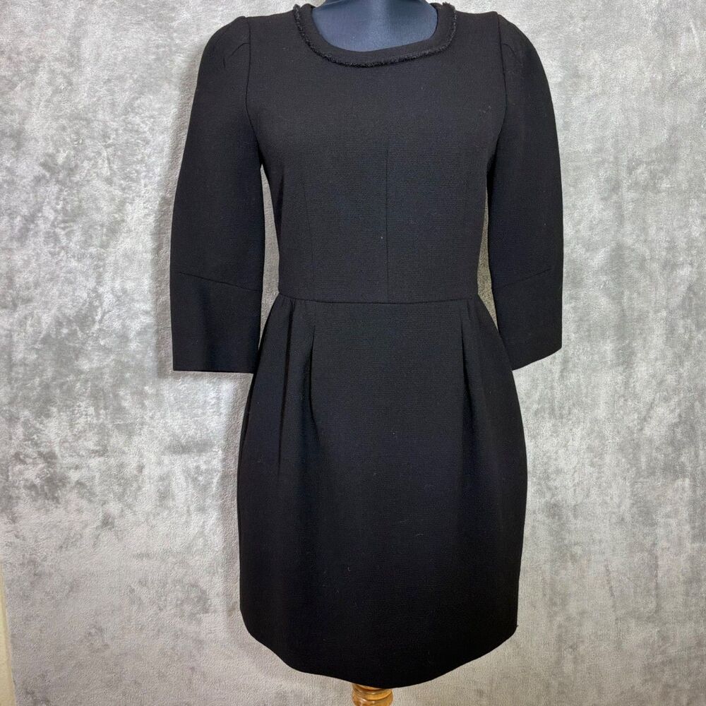 J Crew Petite  black wool sleeve sheath dress size 4P exposed zipper back Lined
